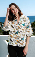 Milano Puff Sleeve Top Butterfly Print Cotton Voile Ivory Ground