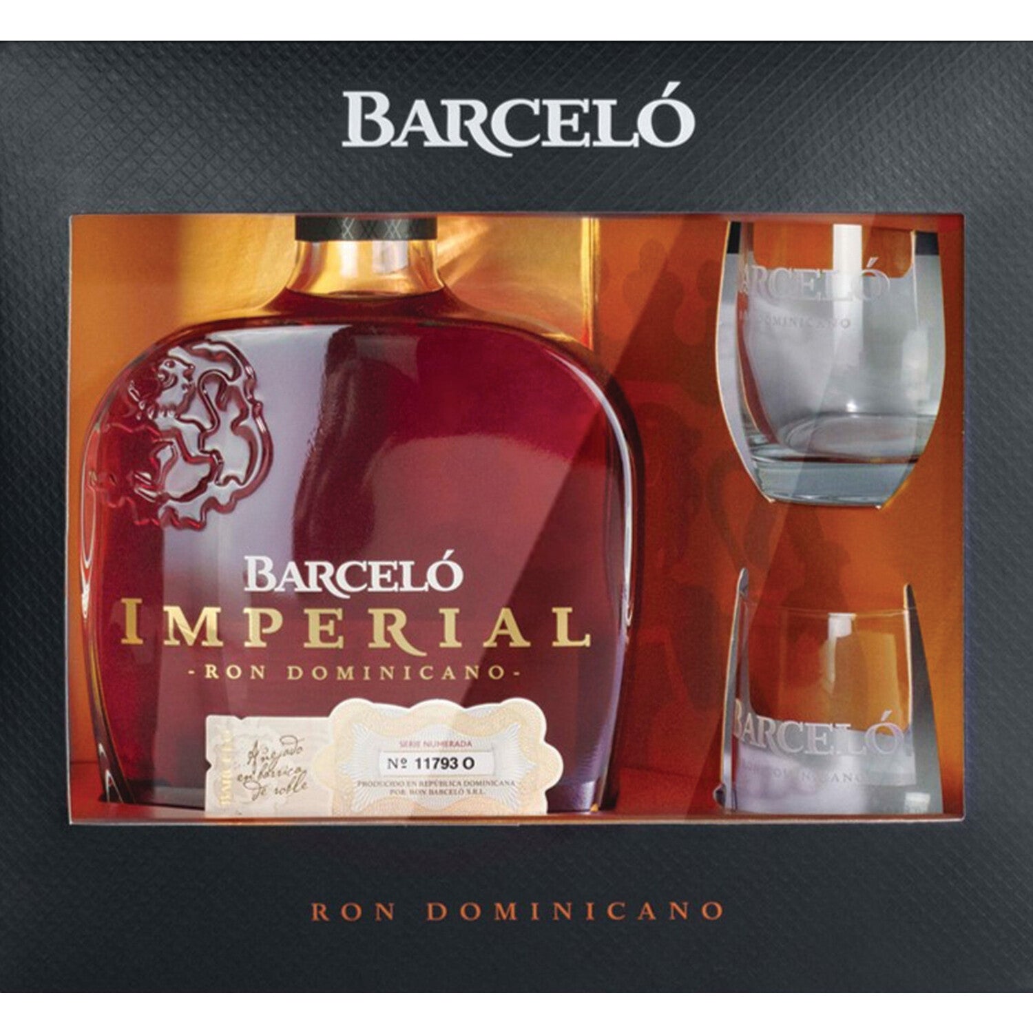 Ron Barcelo Gold Rum Imperial  W/ 2 Rocks Glasses